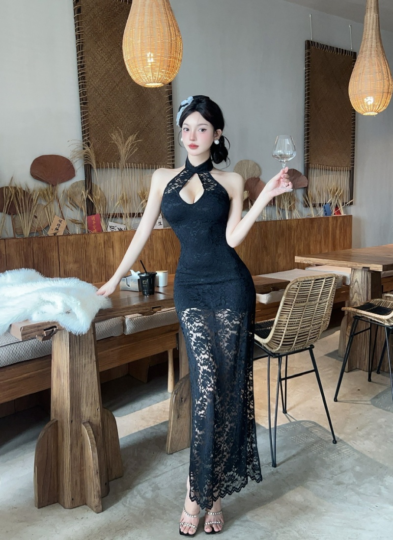 Bottoming low-cut lace long sexy bandage sleeveless dress