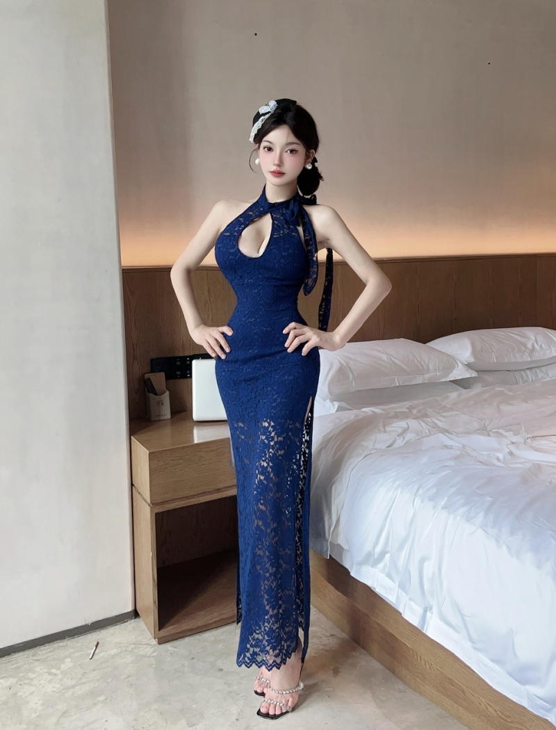 Bottoming low-cut lace long sexy bandage sleeveless dress