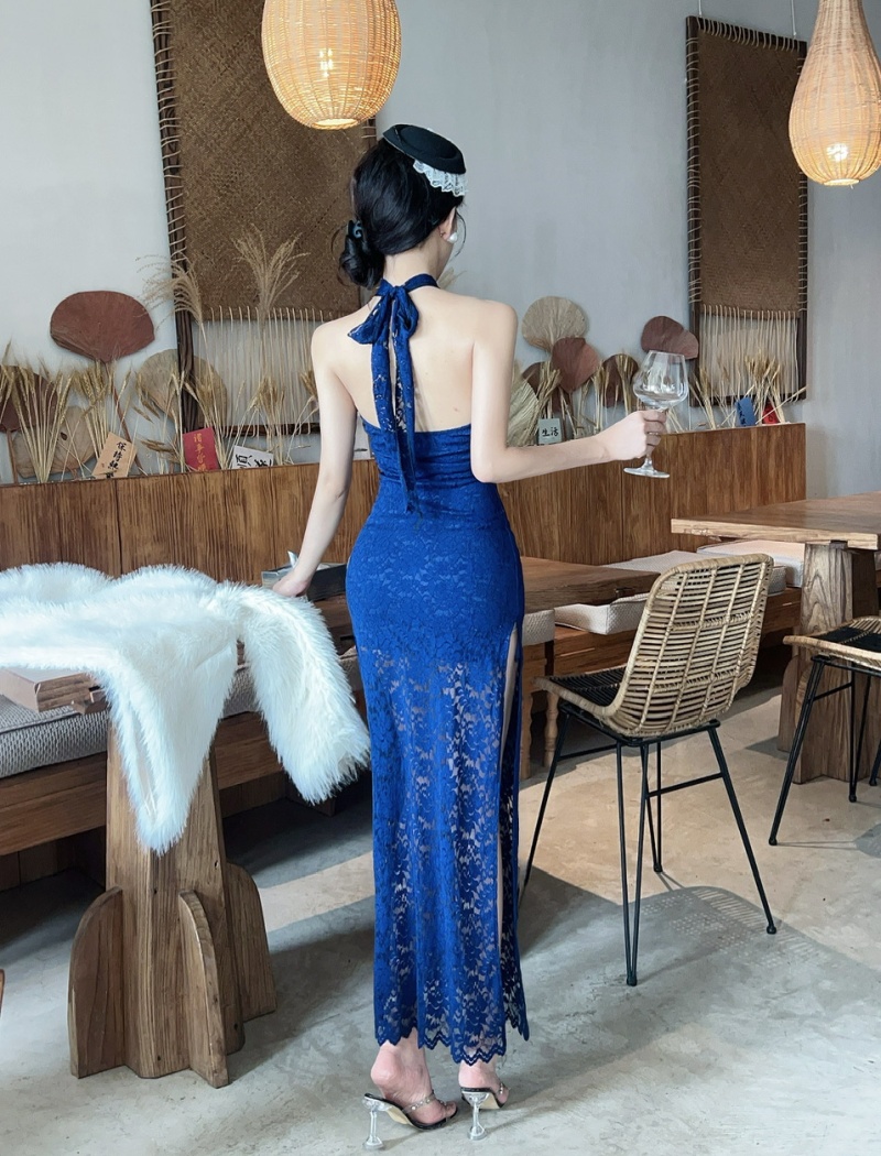 Bottoming low-cut lace long sexy bandage sleeveless dress