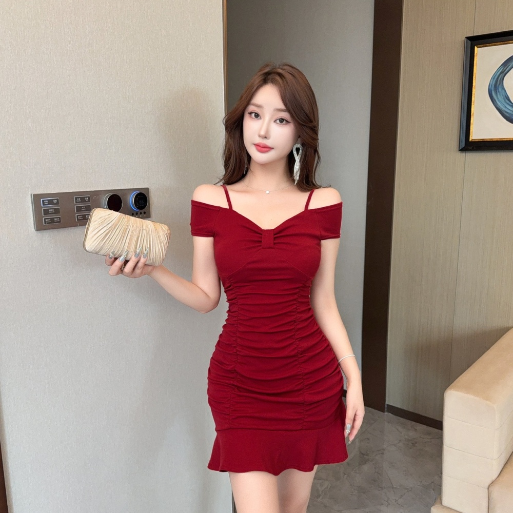 Sling package hip low-cut tight lotus leaf edges dress