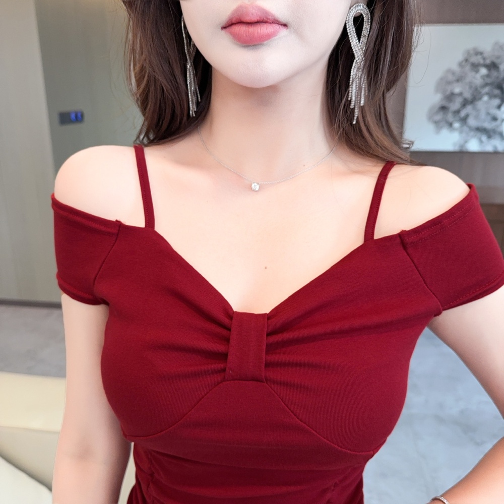 Sling package hip low-cut tight lotus leaf edges dress