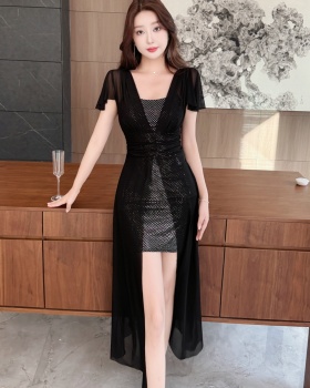 Sexy long short sleeve irregular gauze bottoming dress