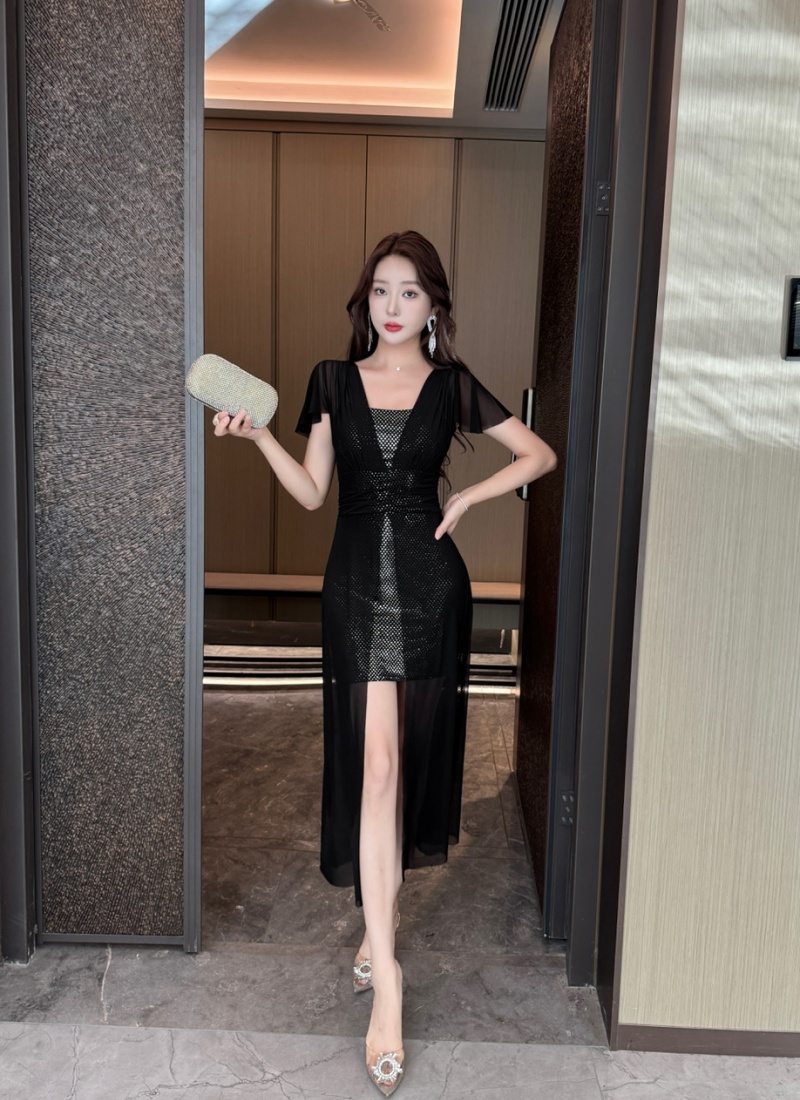 Sexy long short sleeve irregular gauze bottoming dress