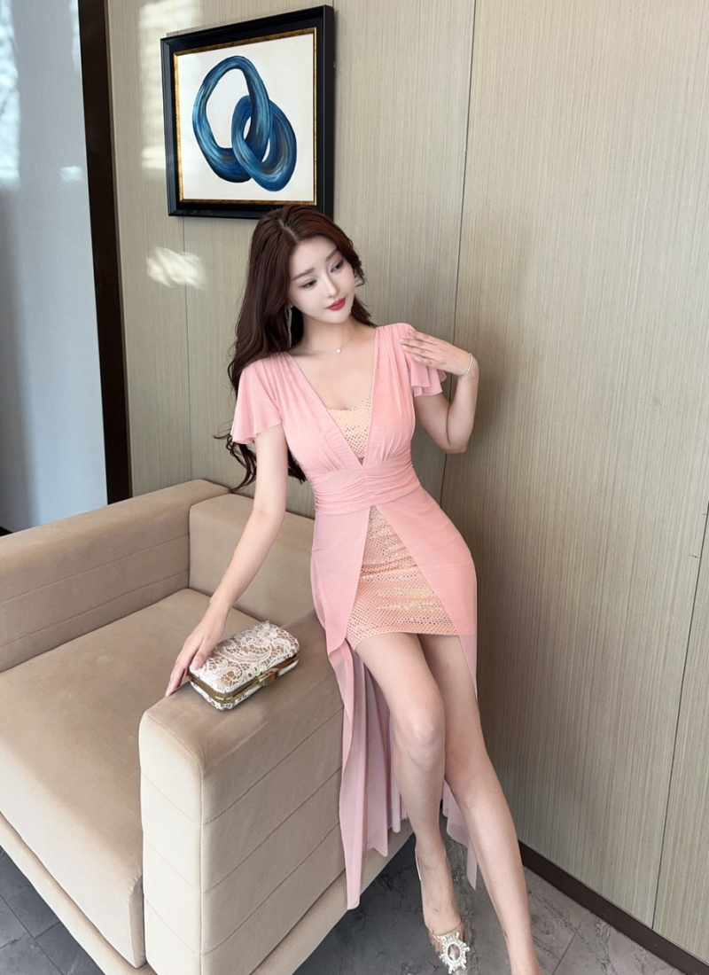 Sexy long short sleeve irregular gauze bottoming dress
