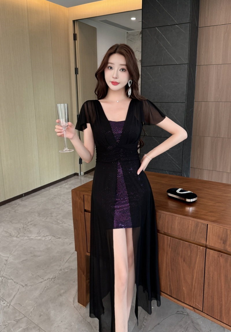 Sexy long short sleeve irregular gauze bottoming dress