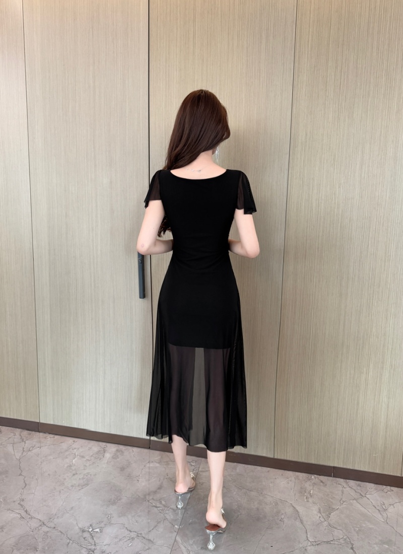 Sexy long short sleeve irregular gauze bottoming dress