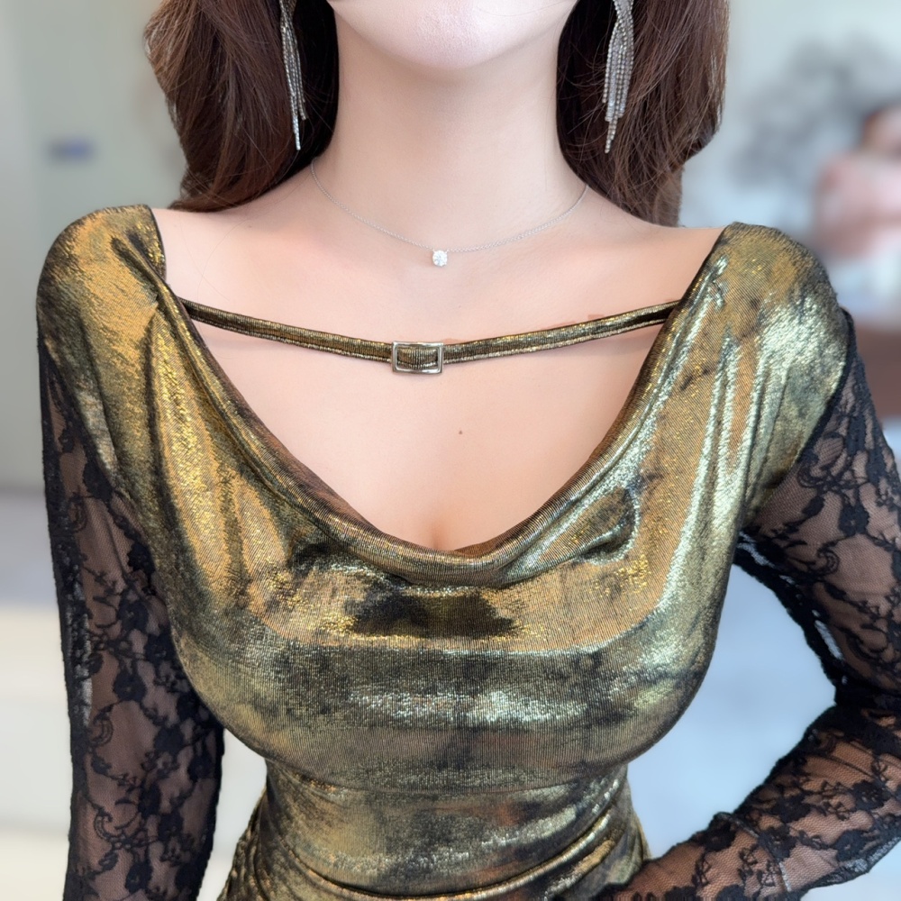 Package hip bottoming low-cut short splice lace metal dress
