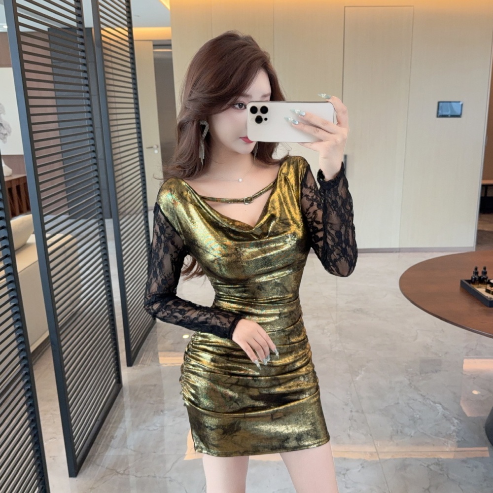 Package hip bottoming low-cut short splice lace metal dress