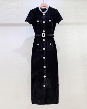 Velvet knitted elegant short sleeve temperament long dress