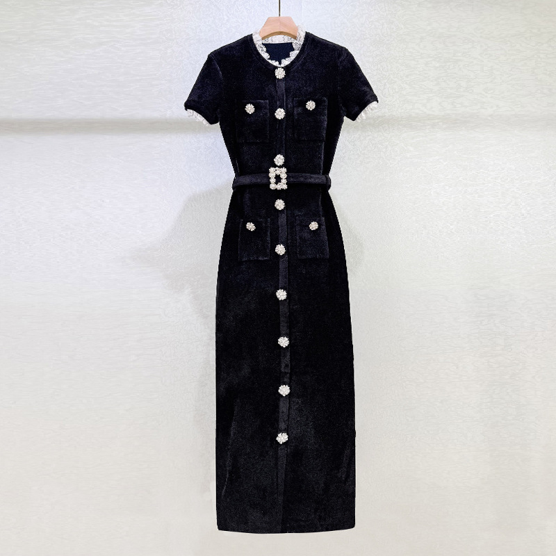 Velvet knitted elegant short sleeve temperament long dress