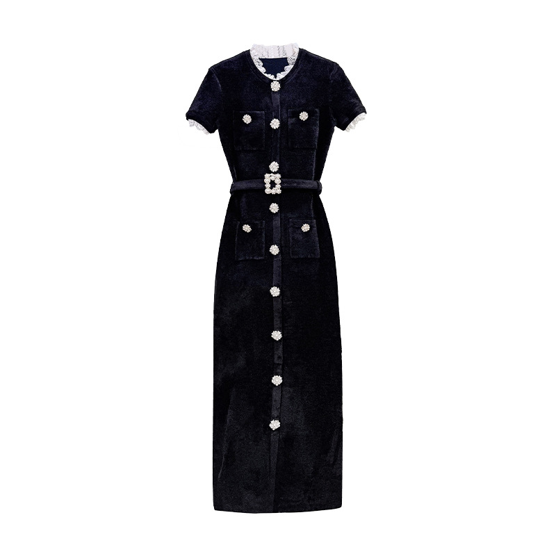 Velvet knitted elegant short sleeve temperament long dress