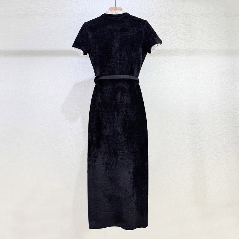 Velvet knitted elegant short sleeve temperament long dress