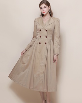 V-neck France style retro dress khaki loose windbreaker