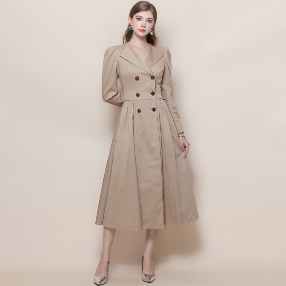 V-neck France style retro dress khaki loose windbreaker