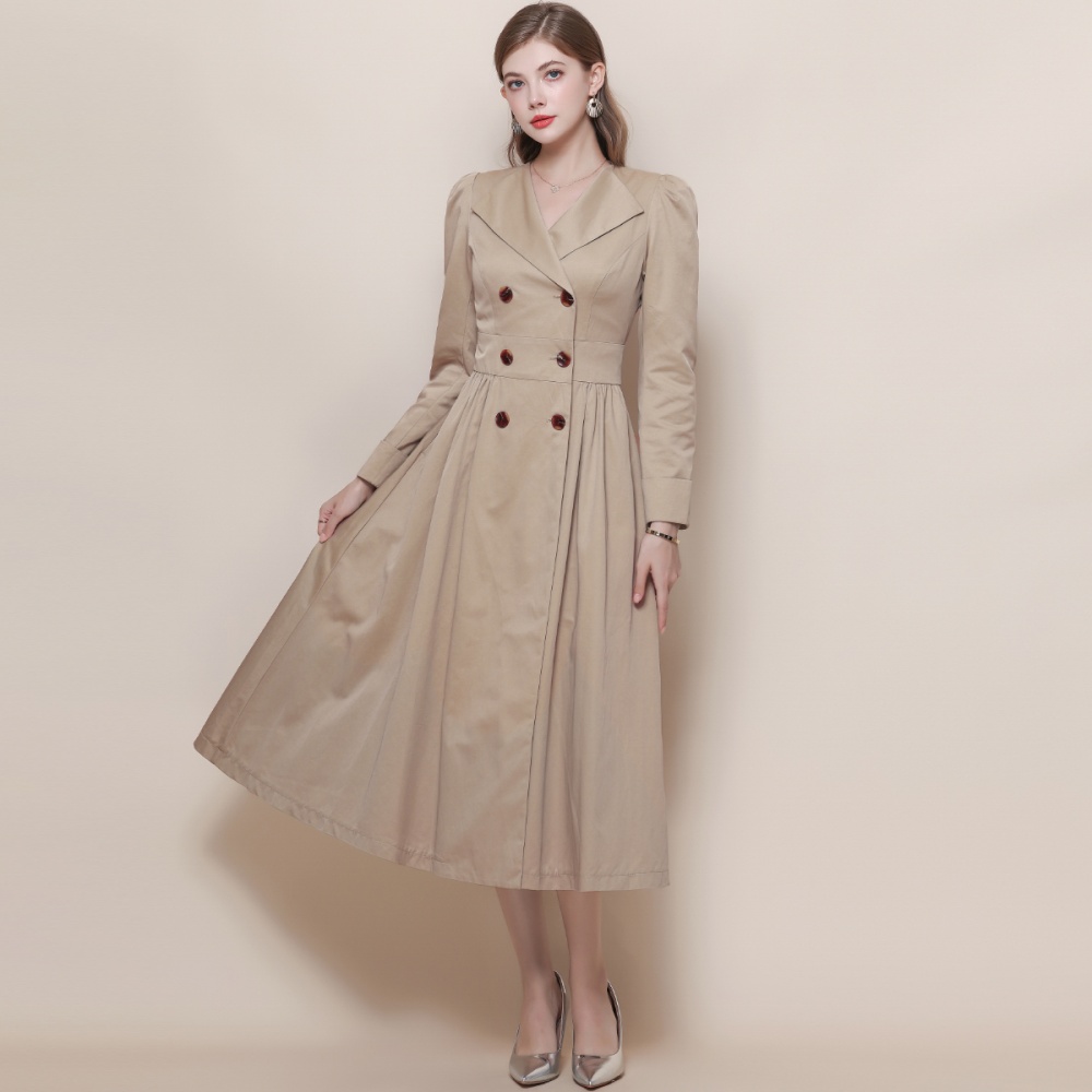 V-neck France style retro dress khaki loose windbreaker