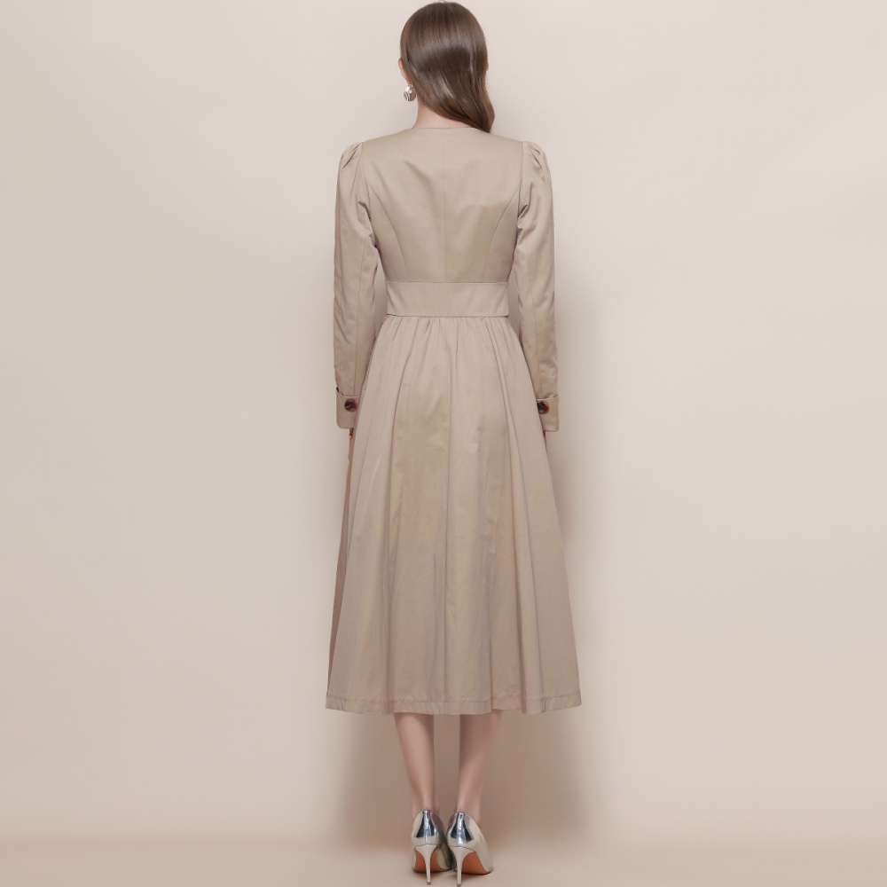 V-neck France style retro dress khaki loose windbreaker