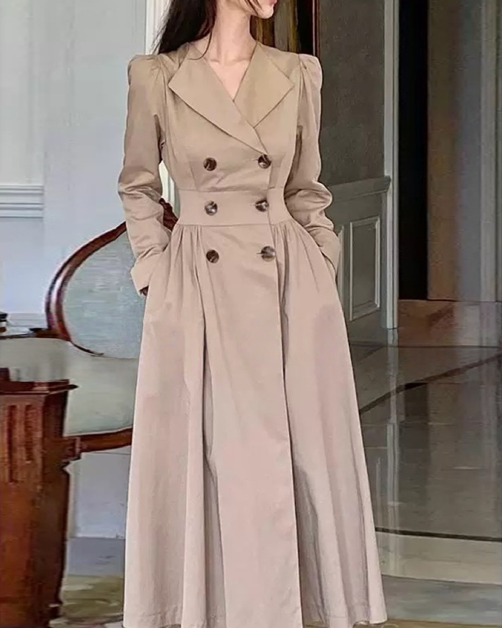 V-neck France style retro dress khaki loose windbreaker