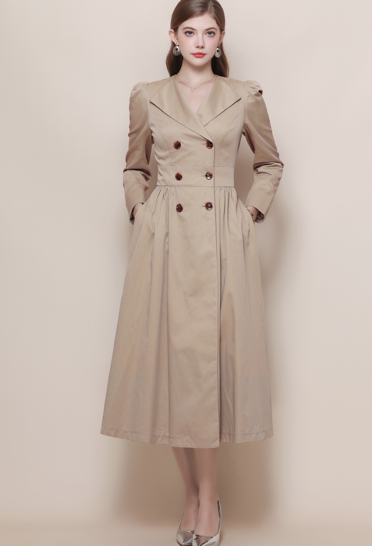 V-neck France style retro dress khaki loose windbreaker