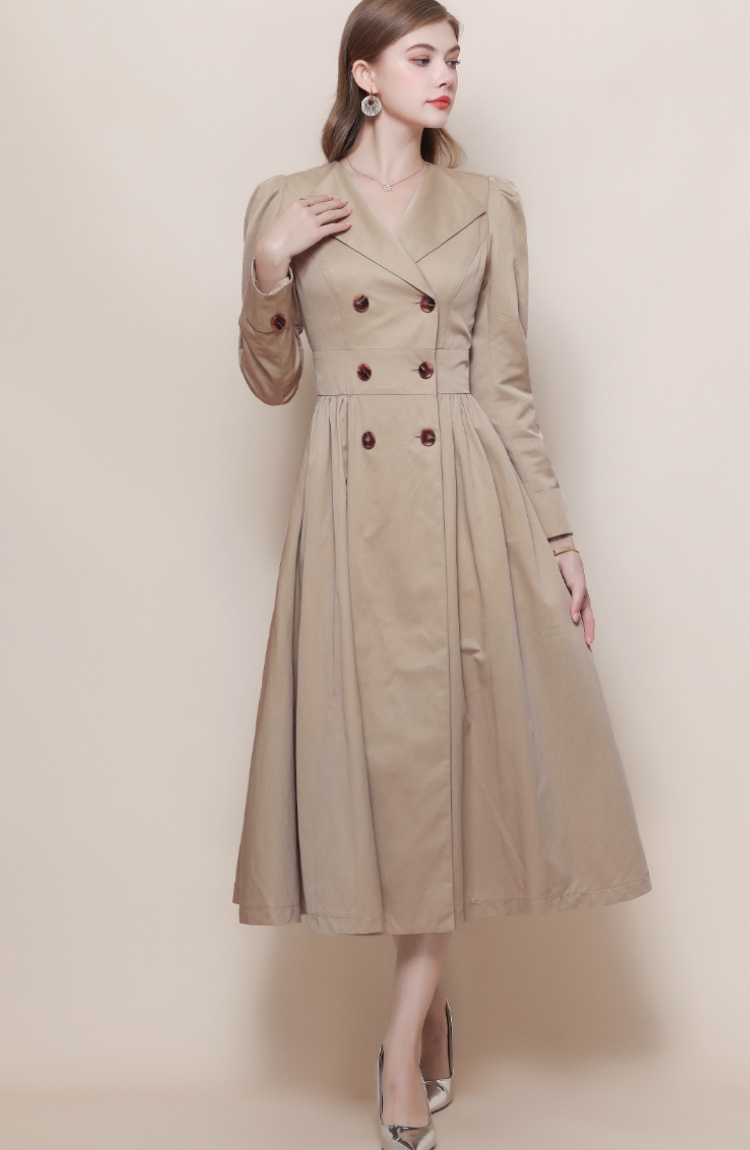 V-neck France style retro dress khaki loose windbreaker