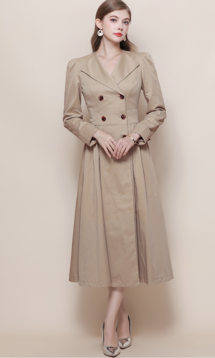 V-neck France style retro dress khaki loose windbreaker