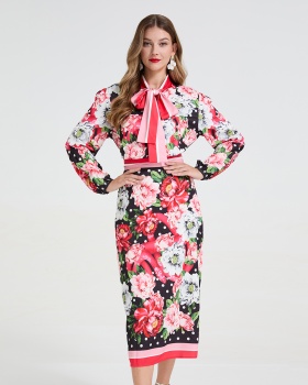 Big flower bandage skirt polka dot shirt 2pcs set