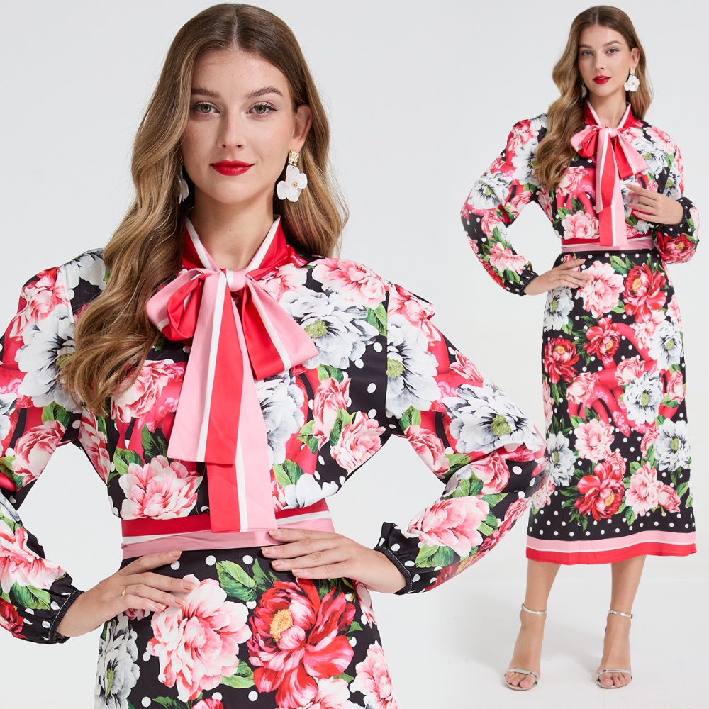 Big flower bandage skirt polka dot shirt 2pcs set