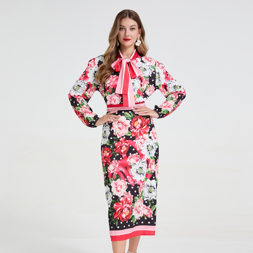 Big flower bandage skirt polka dot shirt 2pcs set