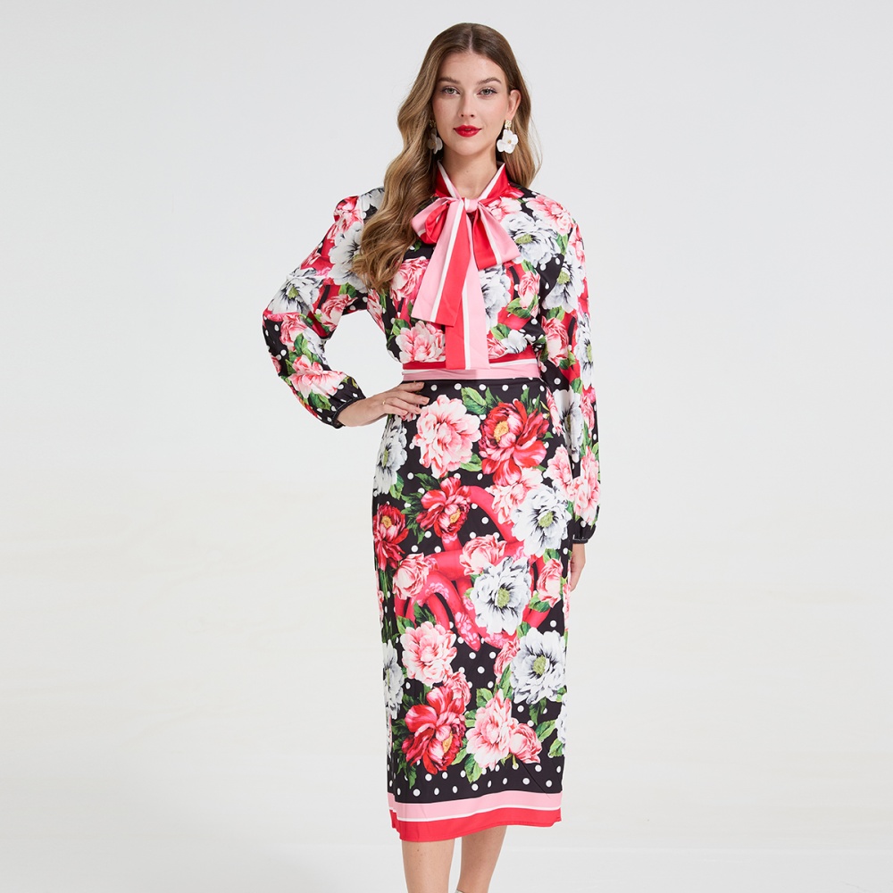 Big flower bandage skirt polka dot shirt 2pcs set