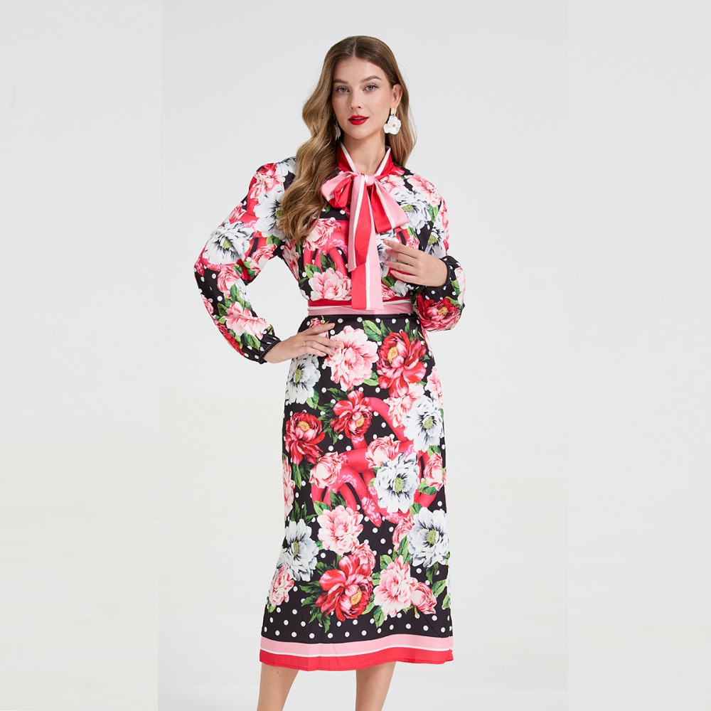 Big flower bandage skirt polka dot shirt 2pcs set