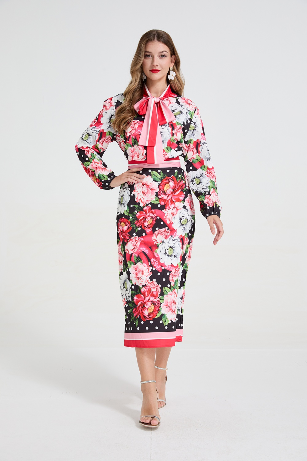 Big flower bandage skirt polka dot shirt 2pcs set