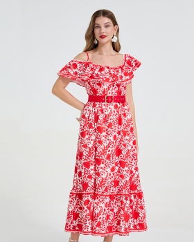 Sling pinched waist slim big skirt long dress