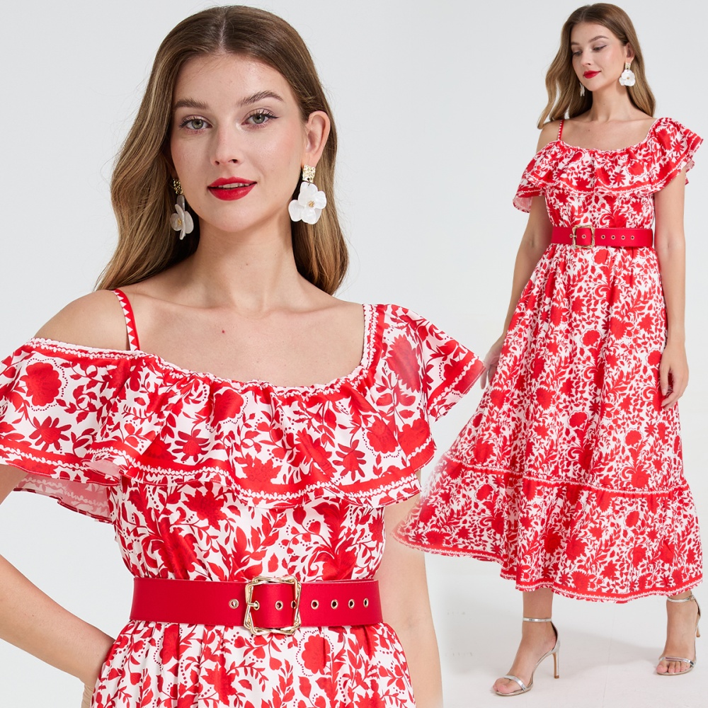 Sling pinched waist slim big skirt long dress