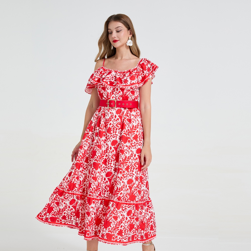 Sling pinched waist slim big skirt long dress