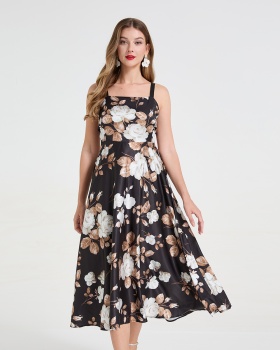 White printing rose big skirt temperament long dress