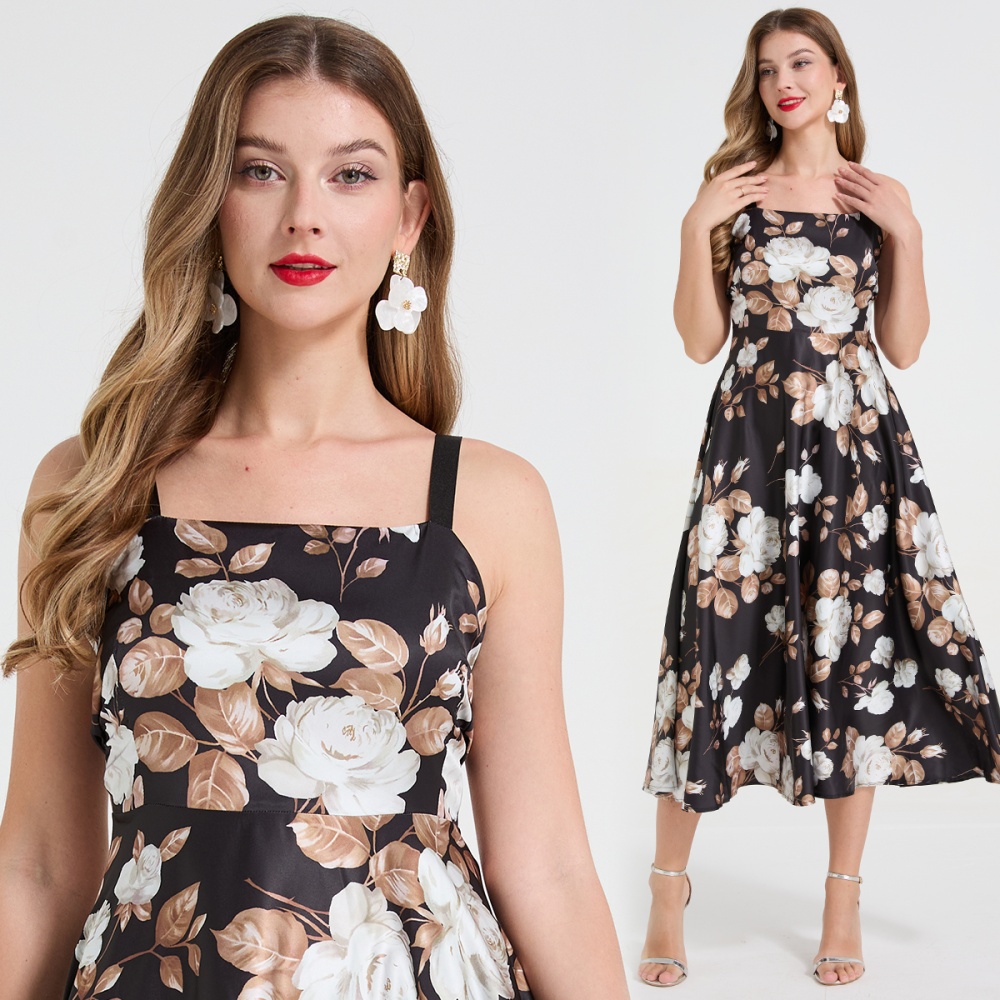 White printing rose big skirt temperament long dress
