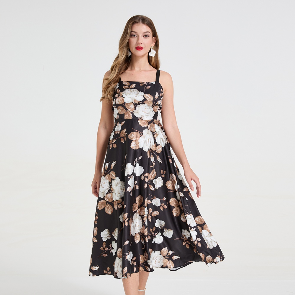White printing rose big skirt temperament long dress