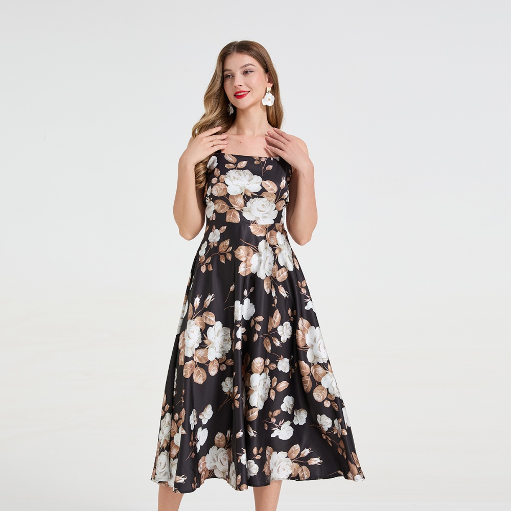 White printing rose big skirt temperament long dress