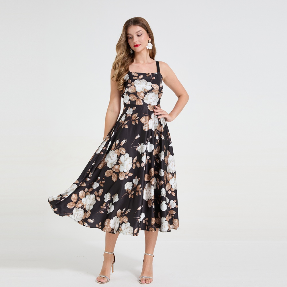 White printing rose big skirt temperament long dress