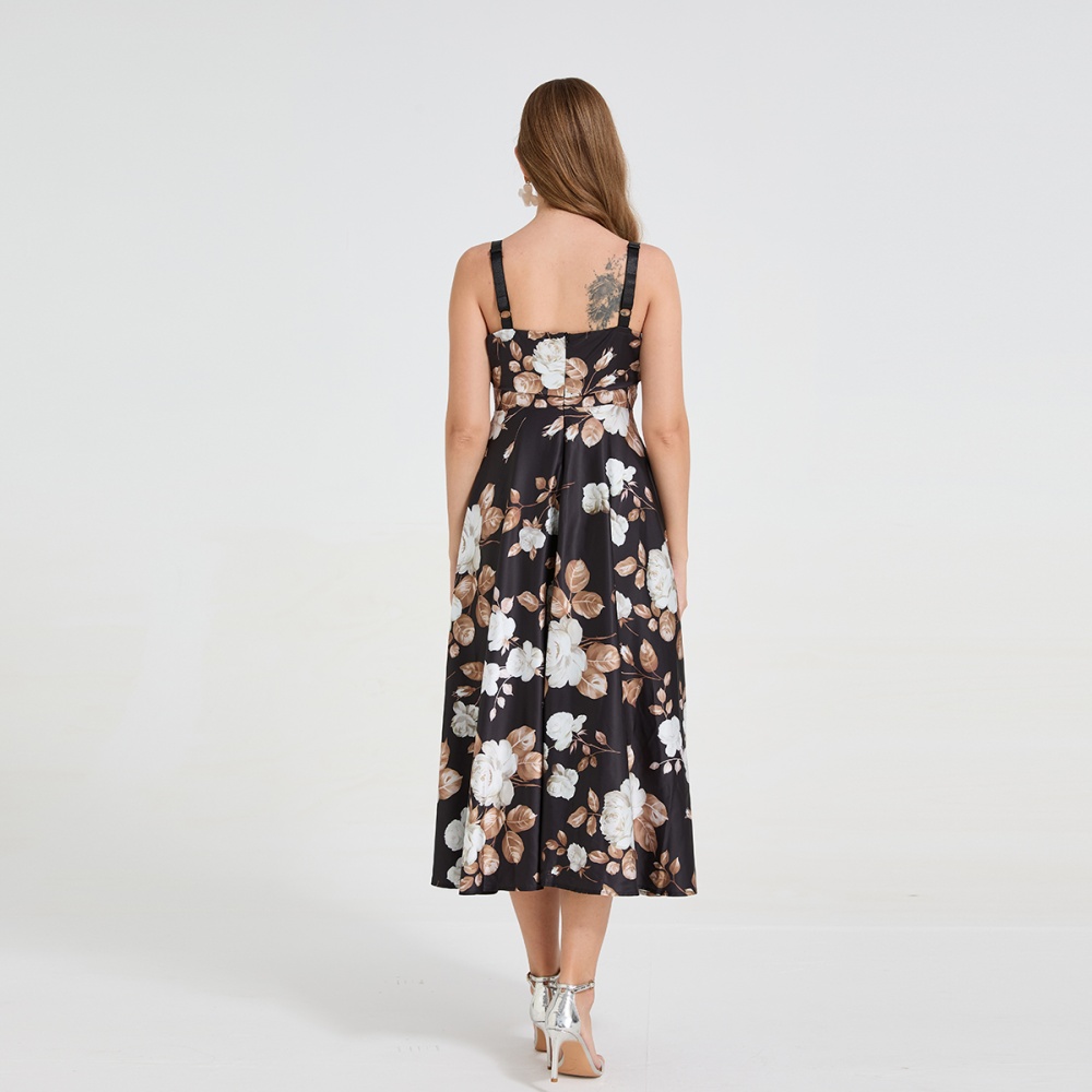 White printing rose big skirt temperament long dress