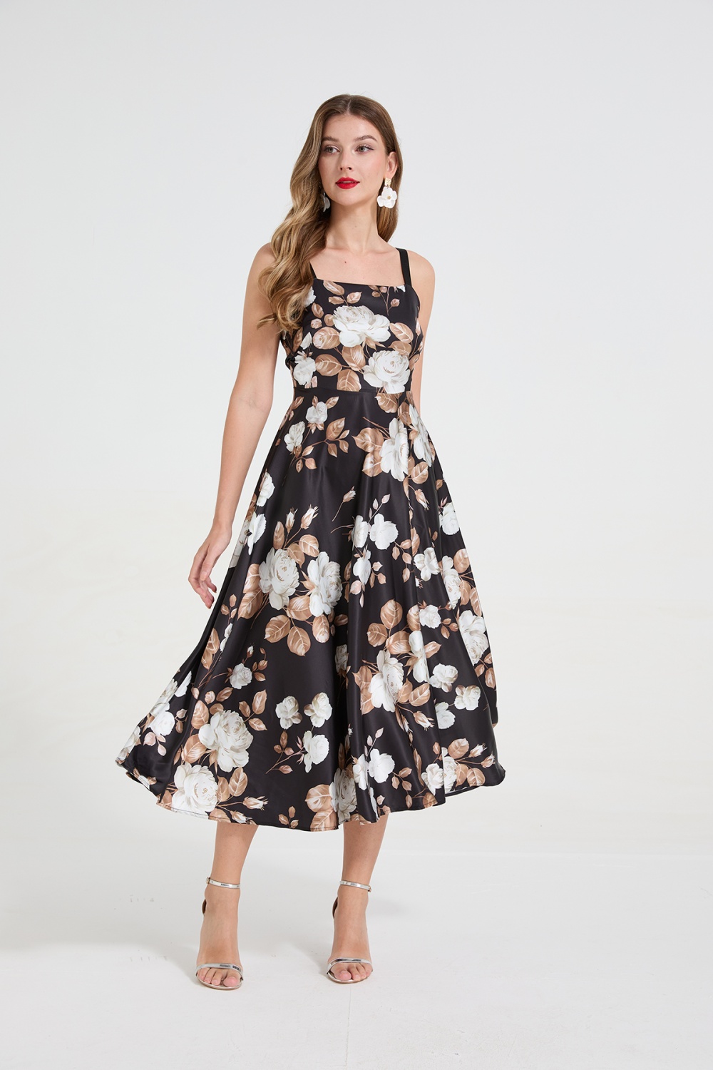 White printing rose big skirt temperament long dress