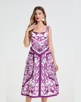 Pseudo-two printing strap dress big skirt pinched waist dress