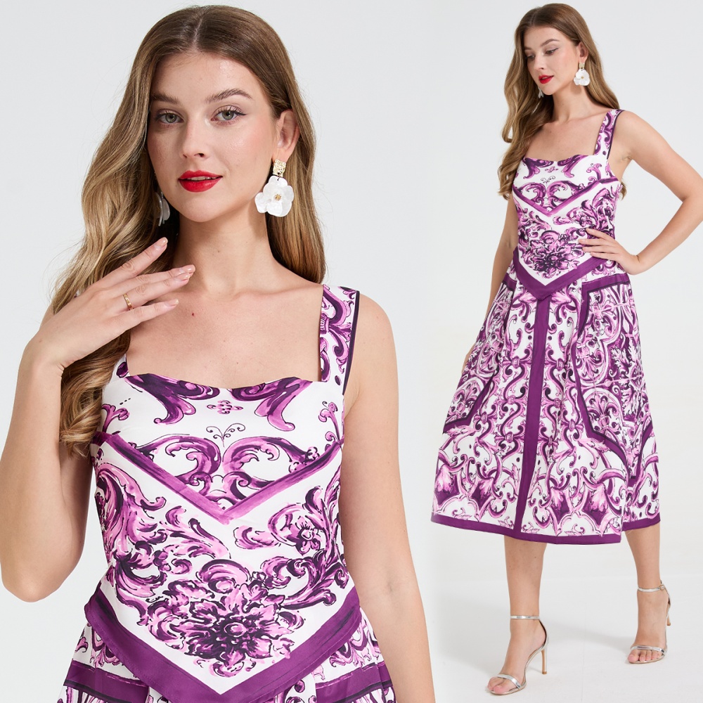 Pseudo-two printing strap dress big skirt pinched waist dress