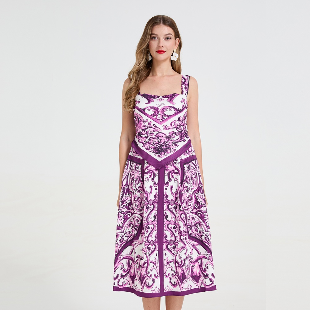 Pseudo-two printing strap dress big skirt pinched waist dress