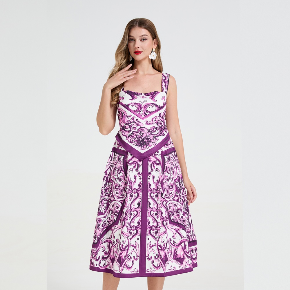 Pseudo-two printing strap dress big skirt pinched waist dress