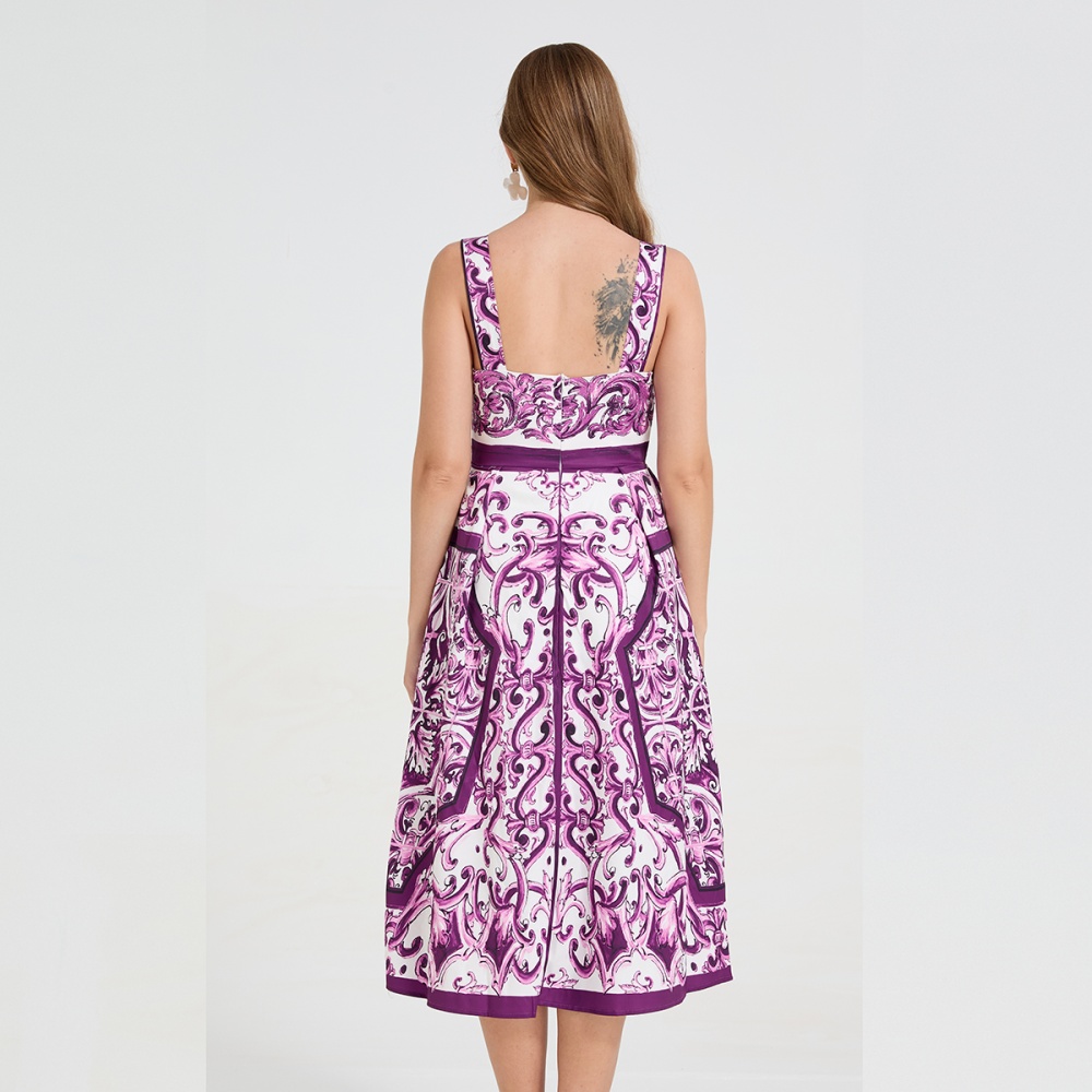 Pseudo-two printing strap dress big skirt pinched waist dress