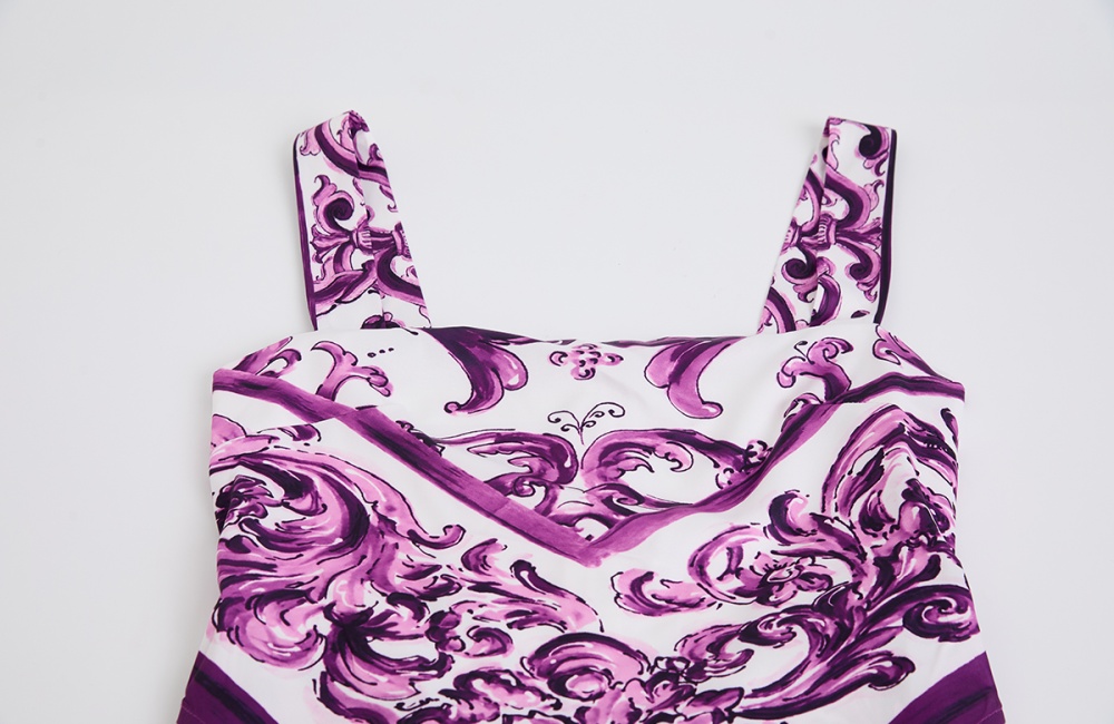 Pseudo-two printing strap dress big skirt pinched waist dress