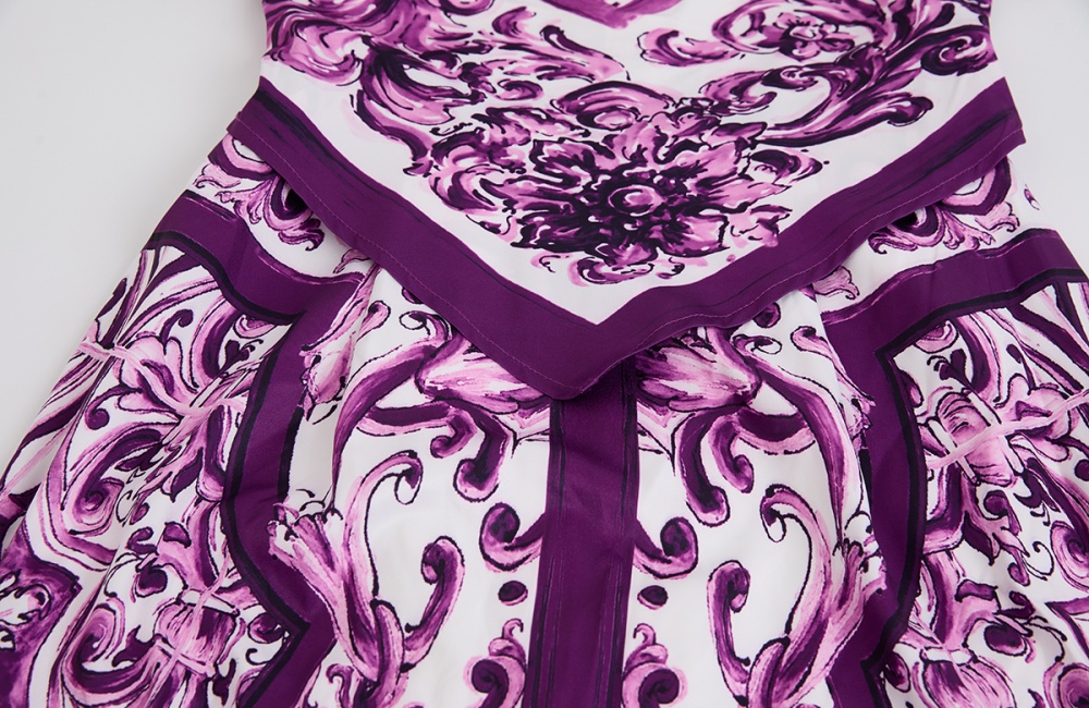 Pseudo-two printing strap dress big skirt pinched waist dress