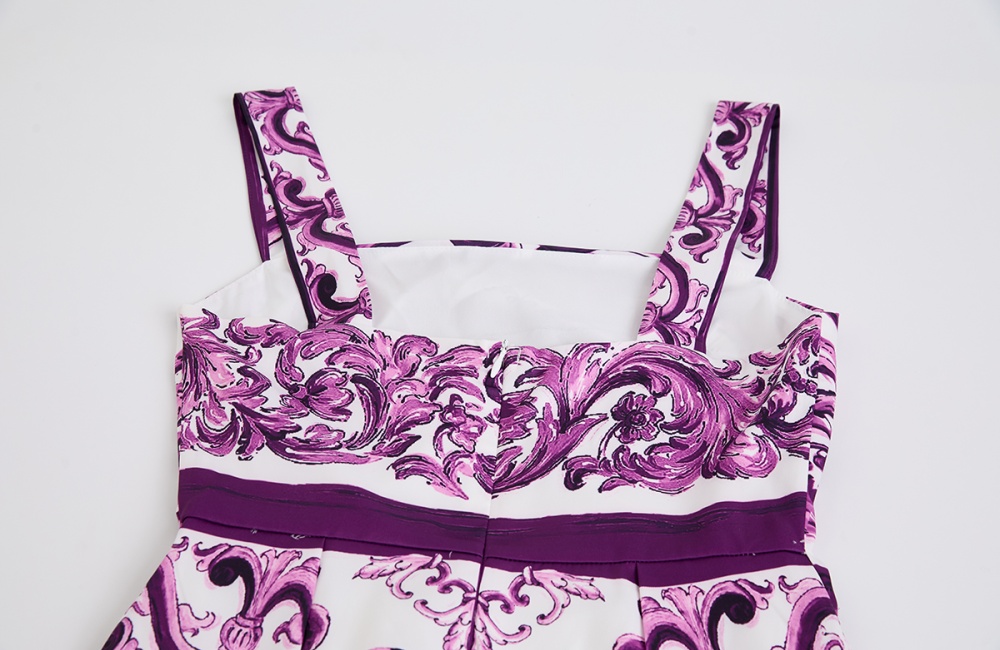 Pseudo-two printing strap dress big skirt pinched waist dress