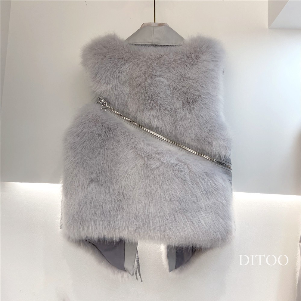Imitation of fox fur short elmo waistcoat zip splice coat