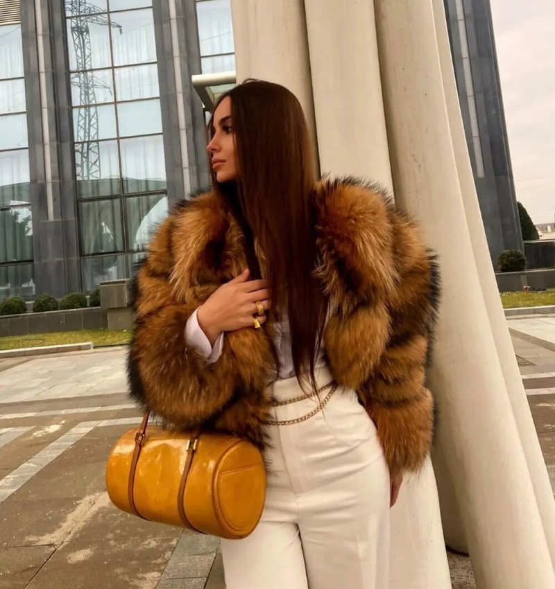 Raccoon fur winter fur coat splice faux fur coat